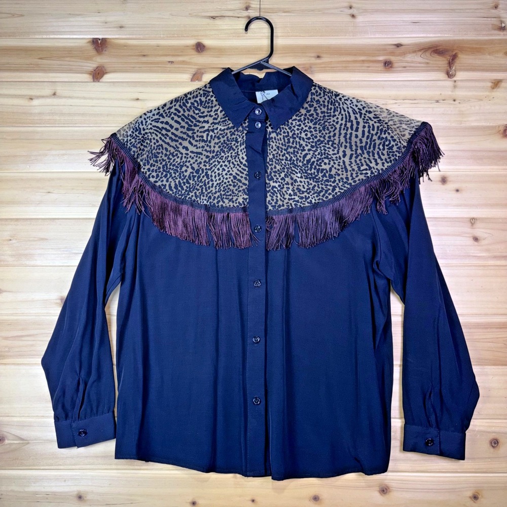 Vintage Rina Rossi Blouse Women Large Black Leopard Print Fringe Button Up Shirt